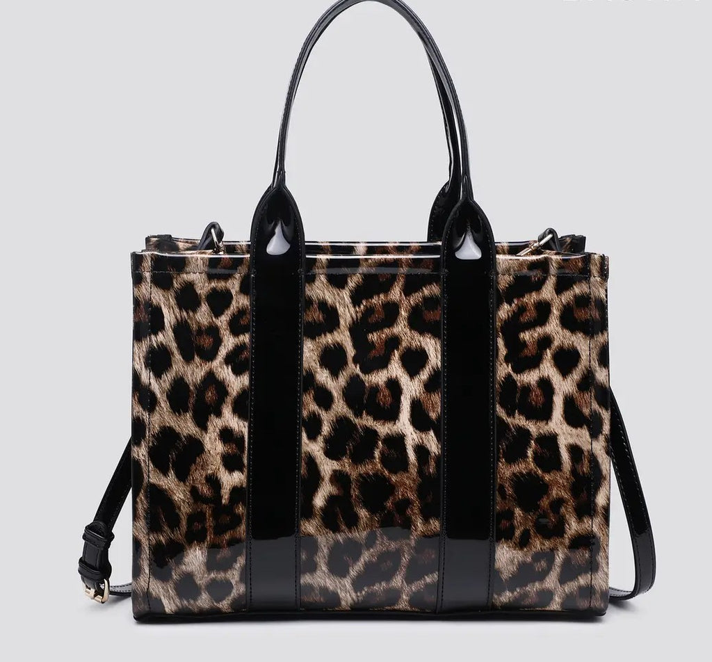 Leopard Print Patent Tote Bag
