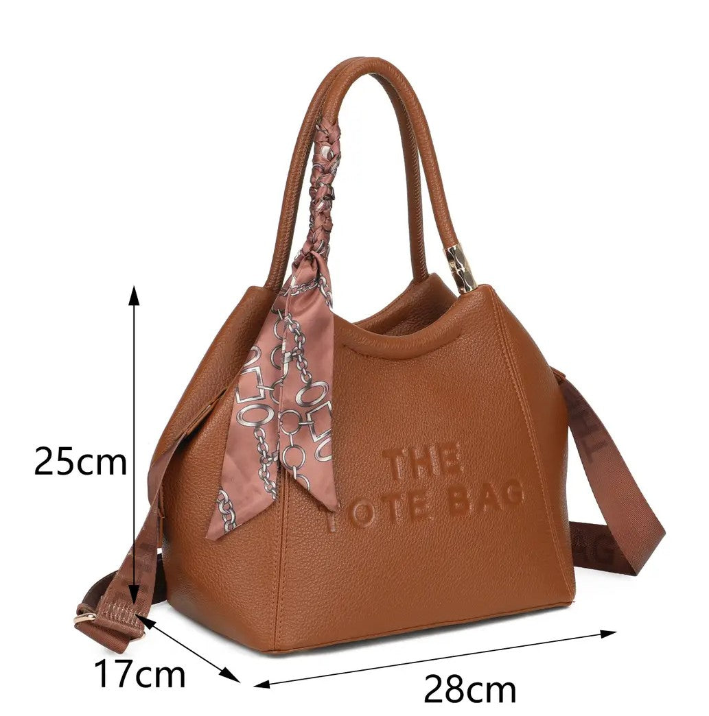 Black Textured PU Leather Tote Bag with Silk Scarf Detail