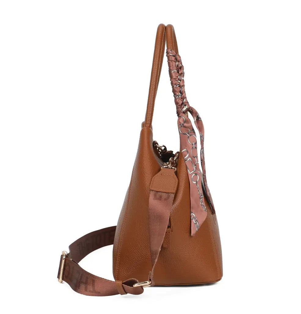 Black Textured PU Leather Tote Bag with Silk Scarf Detail