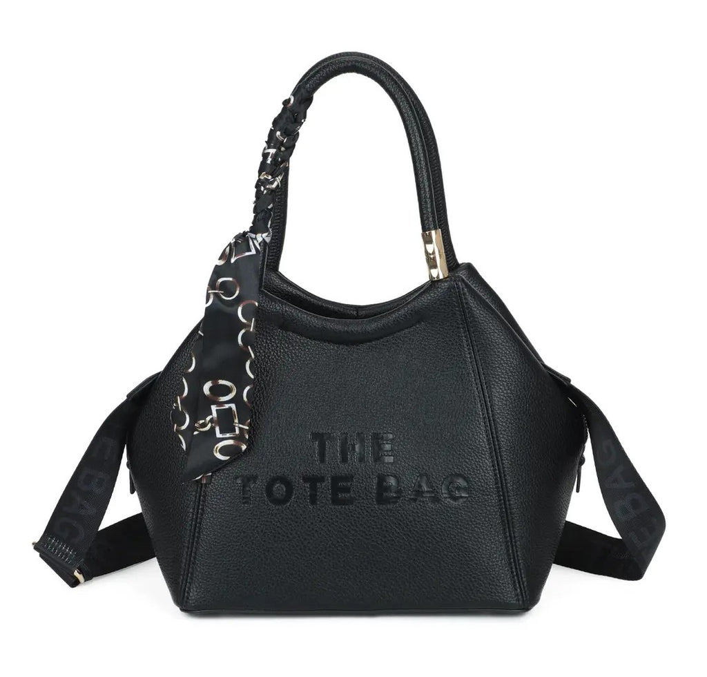 Black Textured PU Leather Tote Bag with Silk Scarf Detail