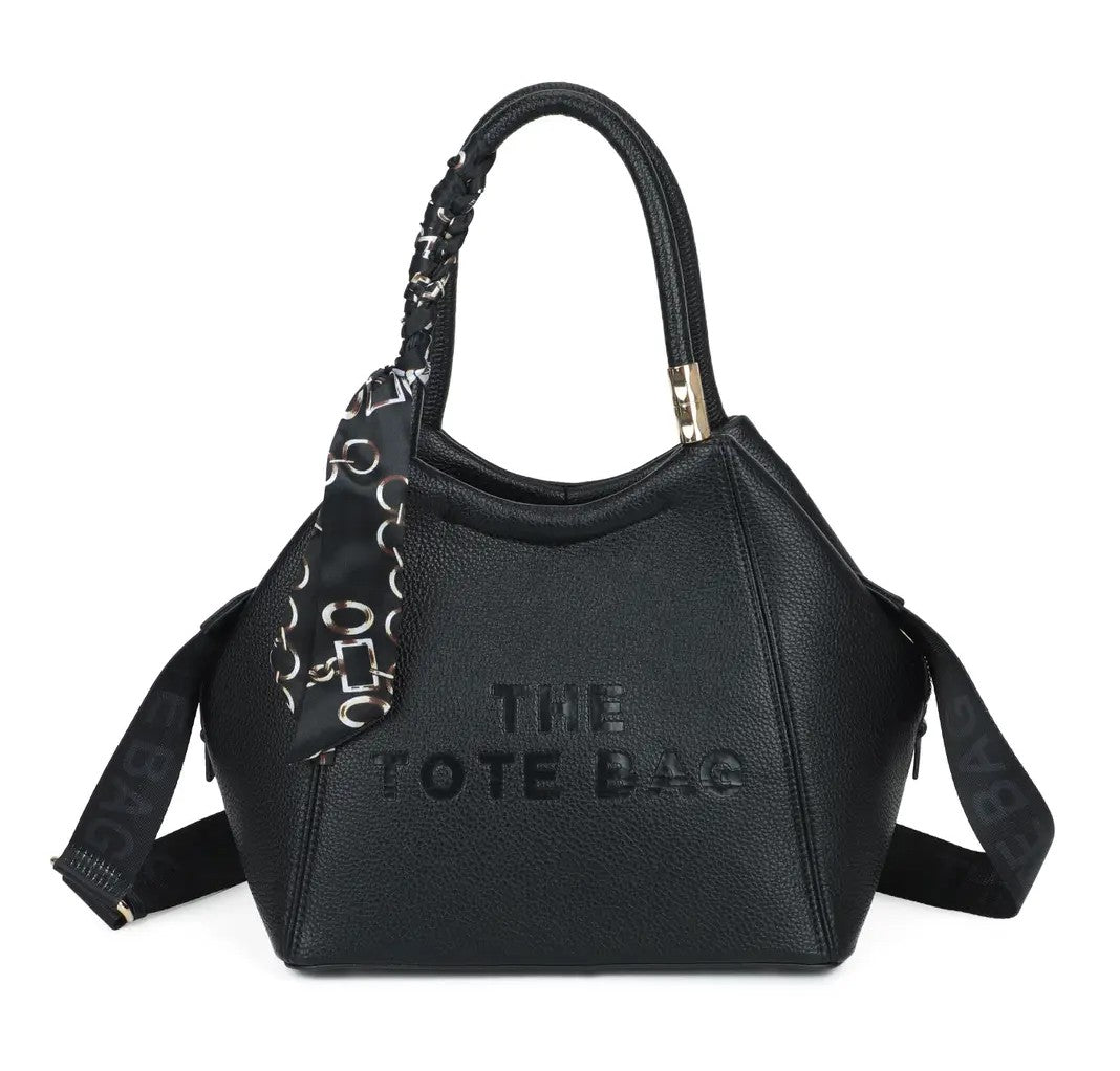 Black Textured PU Leather Tote Bag with Silk Scarf Detail